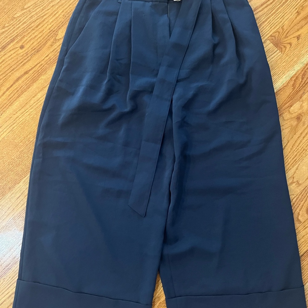 TIBI Cropped Wide Leg Culotte Pants Womens 8 Navy Blue Pleated High Rise Stretch
